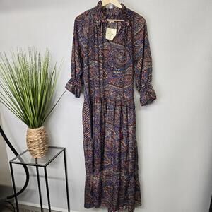 Paani Women Blue Red Paisley Tiered Maxi Dress Long Sleeve Ruffle Neck Small NWT